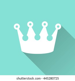 Crown vector icon with long shadow. White illustration isolated on green background for graphic and web design.