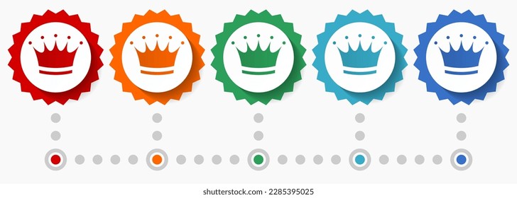 Crown vector icon set, colorful infographic template, set of flat design badge icons in 5 color options