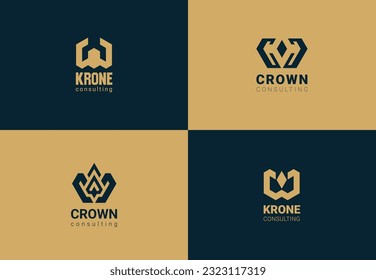 Crown vector icon set. Geometric crown vector illustration clear monochrome logo design. Corporate branding element. Dark blue and gold background