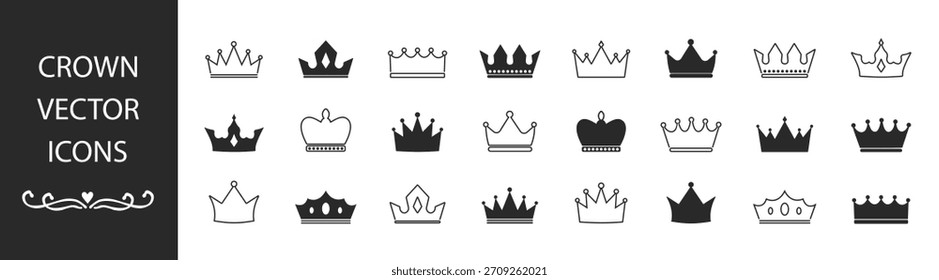 Crown Vetor Icon Set - Royal Silhouettes of King, Queen, Prince, Princess, Heraldic and Luxury Symbols, Monarchy Emblems, Jewelry, Award, Classic and Regal Design on Transparent Background (Conjunto de Ícones Vetoriais da Coroa - Silhuetas Reais do Rei, Rainha, Príncipe, Princesa, Símbolos Heráldicos e de Luxo, Emblemas da Monarquia, Joias, Prêmio, Design Clássico e Real sobre Fundo Transparente)