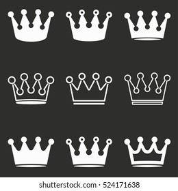 Crown vector icons set. White illustration isolated on black background for graphic and web design.