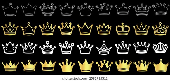 Crown vector illustration set, golden crown, royal crown, luxury, elegance, royalty vector on black background, vintage illustration, decorative, classic, emblem, premium, gold, design, fashion, regal