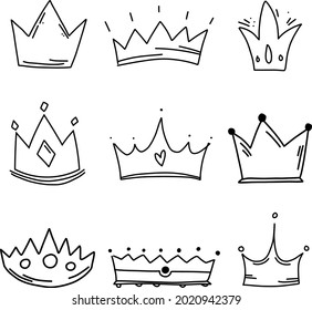 Crown vector illustration sketch set hand drawn scrapbooking elements. Doodle funny royal diadema, crown, headdress, cap with diamonds, gem, jewel.