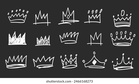 Crown vector illustration sketch set hand drawn scrapbooking elements. Doodle funny royal diadema, crown, headdress, cap with diamonds, gem, jewel.