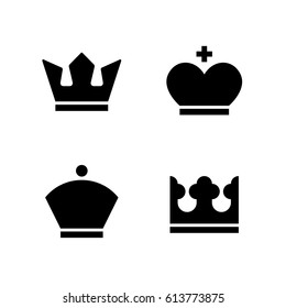 Crown vector monochrome icons. Set of solid king queen black icons. 