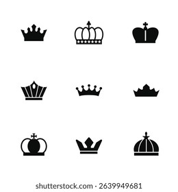 Crown vector set featuring silhouettes, icons, and symbols. Includes designs for king and princess crowns, perfect for creative projects, branding, and royal-themed visuals. Versatile and elegant.