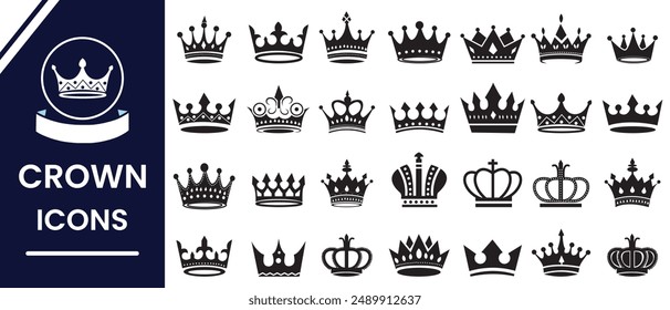 Crown vector, silhouette, icon. Crown icons, vector set. Crown symbol set. King, Princess crowns. Collection of crown silhouette, vector. Vector illustration.
