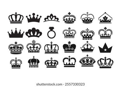 Crown vector, silhouette, icon. Crown icons, vector set. The crown symbol set. King, Princess crowns. Collection of crown silhouette, vector. Vector illustration. 