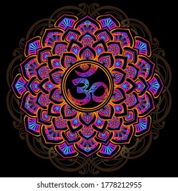 Crown versicolored Chakra Sahasrara the seventh chakra. Sacral sign. Symbol of the seventh human chakra. Vector illustration. Yoga, meditation, reiki, tattoo, laser cutting
