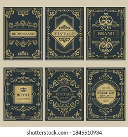 Crown vintage cards. Royal victorian style posters with floral calligraphic elements borders dividers corners vector templates