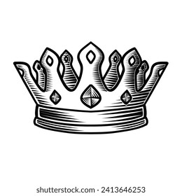 Crown Vintage hand drawn engraving Pen and Ink isolated on transparent background. Crown King and Queen Vector Illustration
