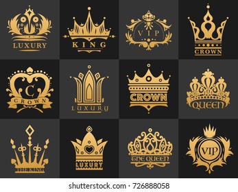 Crown vintage premium golden logo badge heraldic emblem luxury kingdomsign vector illustration.