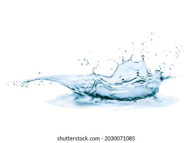 Crown Water Splash With Swirl And Drops. Vector Liquid Splashing Aqua Dynamic Motion, Graphic Design Element With Spray Droplets Side View Isolated On White Background, Ad Realistic 3d Pure Water