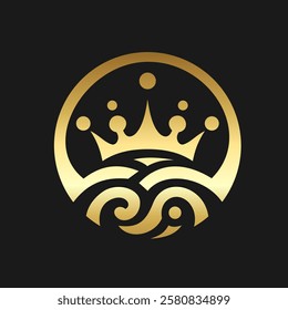 Crown and waves logo design featuring elegant golden tones on a dark background for branding or artistic projects