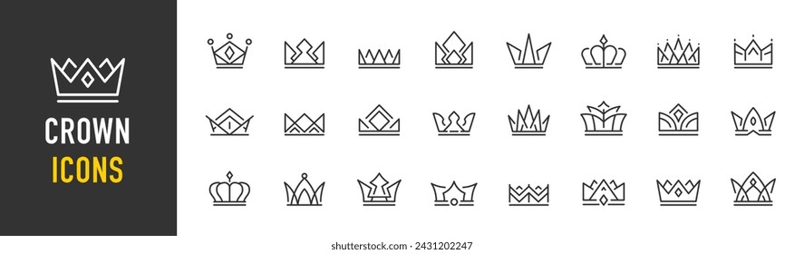 Corona iconos web en estilo de línea. Joyas, lujo, oro, real. Ilustración vectorial.