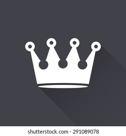 Crown - white icon with a long shadow on a black background. Vector illustration.