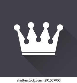 Crown - white icon with a long shadow on a black background. Vector illustration.