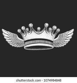 Crown with wings. Cool emblem for rock festival. King, queen, princess. Grunge design illustration. Art for t-shirt, poster, banner