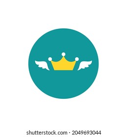 Crown with wings. Fantasy golden crown icon isolated on blue. Royal, luxury, vip, first class sign. Winner award. Magic, fairytale girly symbol.  Vector simple illustration. 