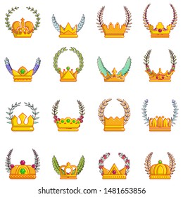 Crown wreath icons set. Cartoon set of 16 crown wreath vector icons for web isolated on white background