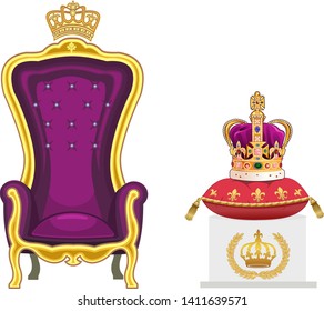 Crown and wreath. Royal Gold Crown. Throne with a crown at the top