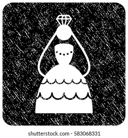 Crowned Bride grunge textured icon. Rounded square with symbol shape hole. Flat style with dirty texture. Corroded vector black ink rubber seal stamp with grainy design.