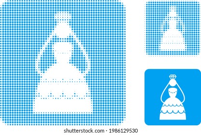Crowned bride halftone dotted icon. Halftone pattern contains round elements. Vector illustration of crowned bride icon on a white background.