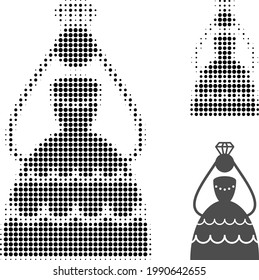 Crowned bride halftone dotted icon. Halftone pattern contains circle dots. Vector illustration of crowned bride icon on a white background.