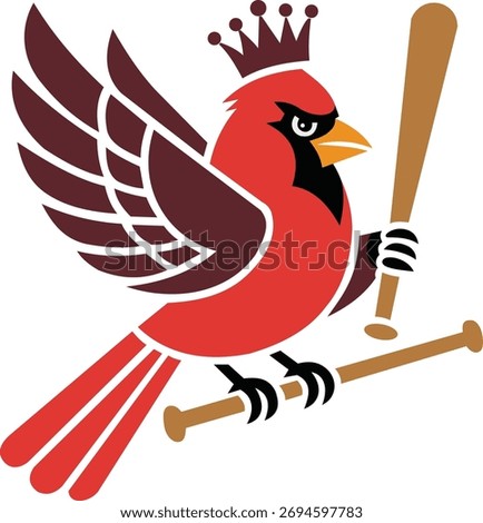 Crowned cardinal bird holding baseball bats mascot logo in red and brown vector