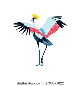 Crowned crane beautiful bird. African nature wildlife design element. Bird with colorful feathers and wings cartoon vector illustration isolated on white background
