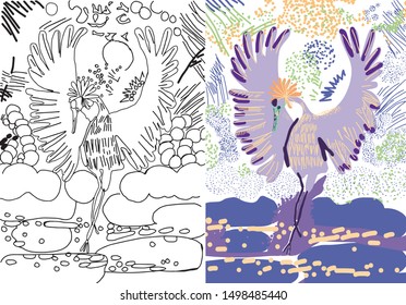 Crowned Crane dance. Coloring page.