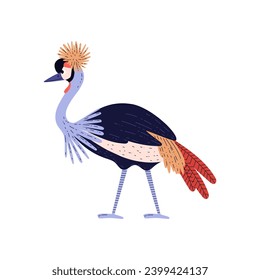 Ave exótica de Crane coronada, ilustración vectorial plana aislada en fondo blanco. Una grulla exótica africana o gris coronada en un pájaro del este y sur de África.