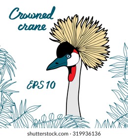 Crowned crane head with palm leaves. Vector illustration