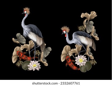 Crowned cranies, koi fish, lilies and leaves isolated. Vector