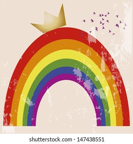 crowned gay pride symbol, purple birds in the sky. Rainbow with crown vintage background.