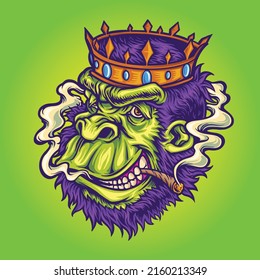 Crowned gorilla with smokes cannabis vector illustrations for your work logo, merchandise t-shirt, stickers and label designs, poster, greeting cards advertising business company or brands