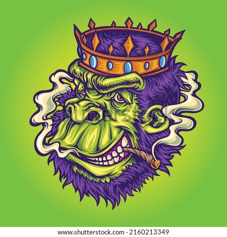 Crowned gorilla with smokes cannabis vector illustrations for your work logo, merchandise t-shirt, stickers and label designs, poster, greeting cards advertising business company or brands