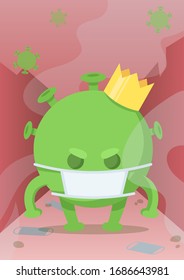 Crowned green coronavirus cartoon monster character in madical mask. Colorful flat vector illustration, vertical.