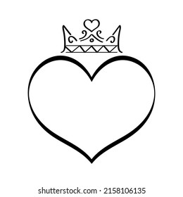 Crowned heart vector in sketch style. King and queen signs, doodle wedding icon. Hand drawn monrah, princess? imperial, luxury symbol, like line art heart with crown on top