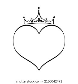 Crowned heart vector in sketch style. King and queen signs, doodle wedding icon. Hand drawn monrah, princess? imperial, luxury symbol, like line art heart with crown on top