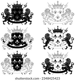 Escudo heráldico coronado con tres fleur-de-lys plateados, flanqueado por dos leones y alabardos desenfrenados