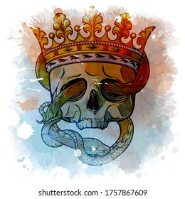 Crowned human skull with a snake eating its own tail. Alchemy concept illustration with a sign meaning remember you are mortal. Black and white drawing isolated on white background. EPS 10 vector