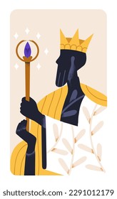 Crowned king majesty with magic wand stick, mystic esoteric power. Authority, royal noble energy concept. Monarch leader, abstract emperor card. Flat vector illustration isolated on white background