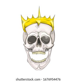 Crowned king skull symbol of spooky human cranium with royal gold crown.