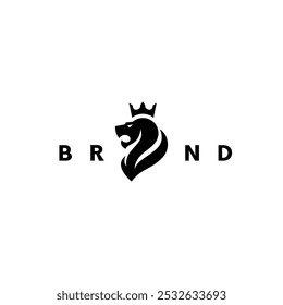 Crowned Lion Head of Authority Logo Design. Silhouette of Strong Lion Head with Crown Facing Right Logo Design.