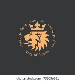 Crowned lion head logo template design. Vector illustration.