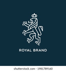 Crowned lion heraldic emblem. Logo design template. Linear style. Vector illustration.
