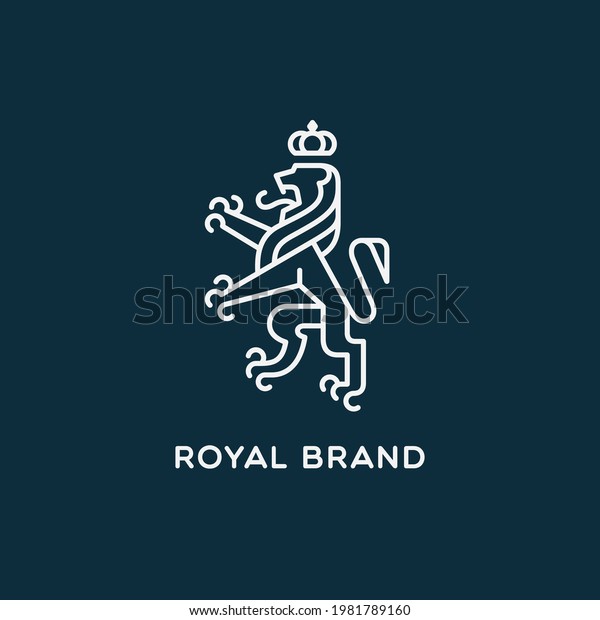 Crowned lion heraldic emblem. Logo design\
template. Linear style. Vector\
illustration.