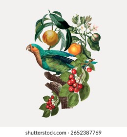 Crowned Parakeet bird, illustration isolated on white, vector. Vintage fruit illustration isolated on white, vector. Hand drawn fruit illustration vector.