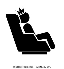 Crowned passenger sitting in a first class seat on an airplane. Vector.
